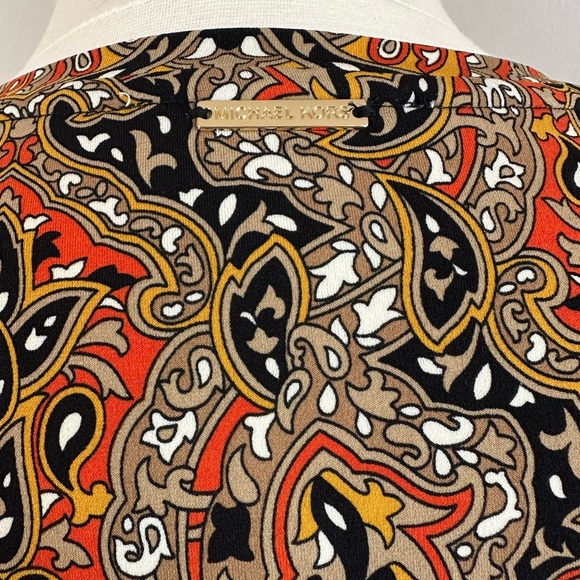 MICHAEL KORS Black, Beige & Orange Printed Gold Chain Petal Sleeve Top | Size XL - Picture 11 of 16